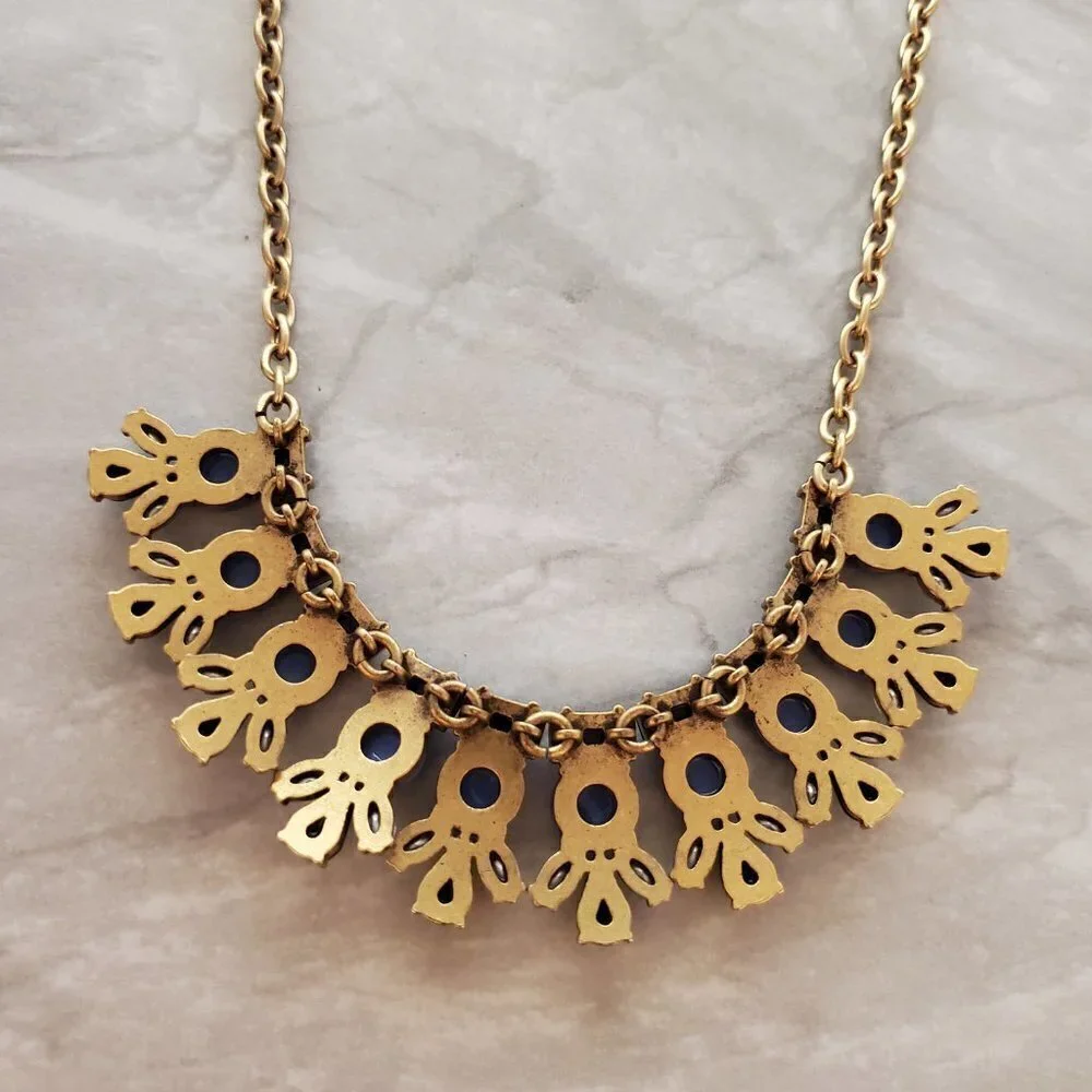 💙 J.Crew Blue Black Rhinestones Crystals Iridescent Cluster Statement Necklace - Picture 12 of 15